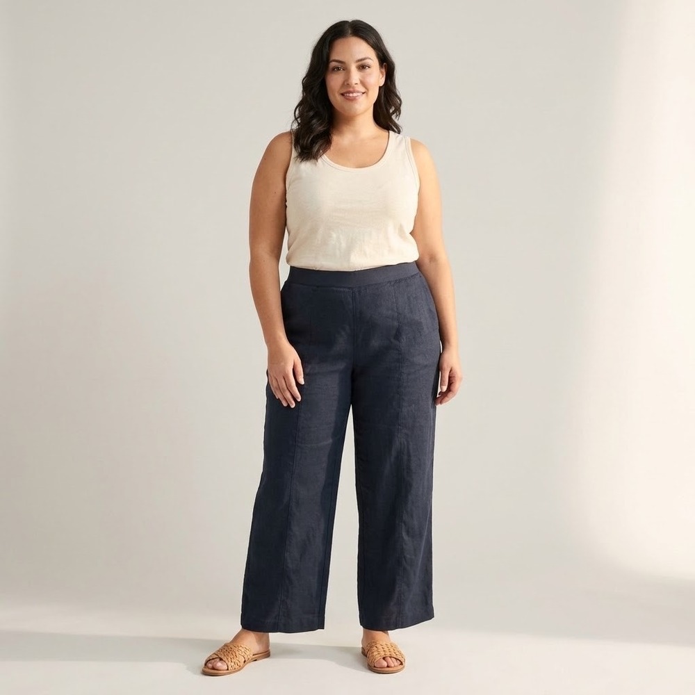 J. Jill Love Linen Wide Leg Dark Navy Blue Pull On Pants XL Relaxed Fit